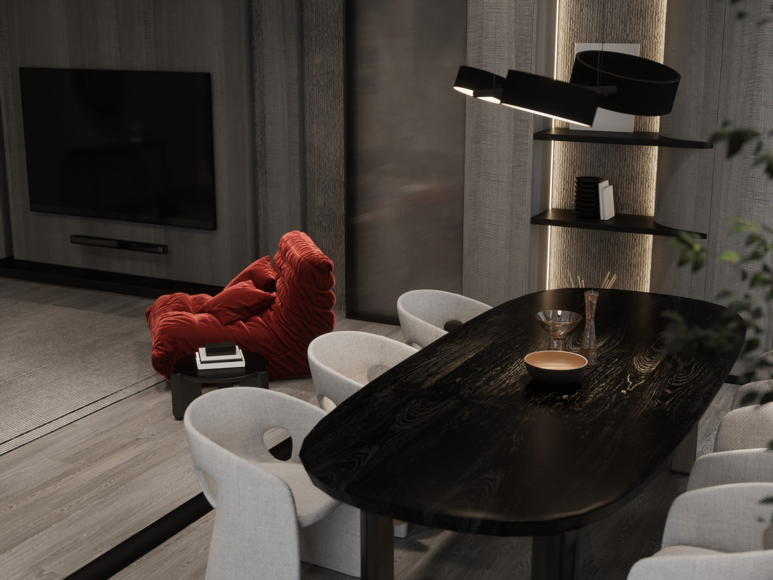 Najmodniejsze trendy wnętrzarskie 2025: Twój stylowy dom 1 model modern dining room with black dining table white chairs scaled