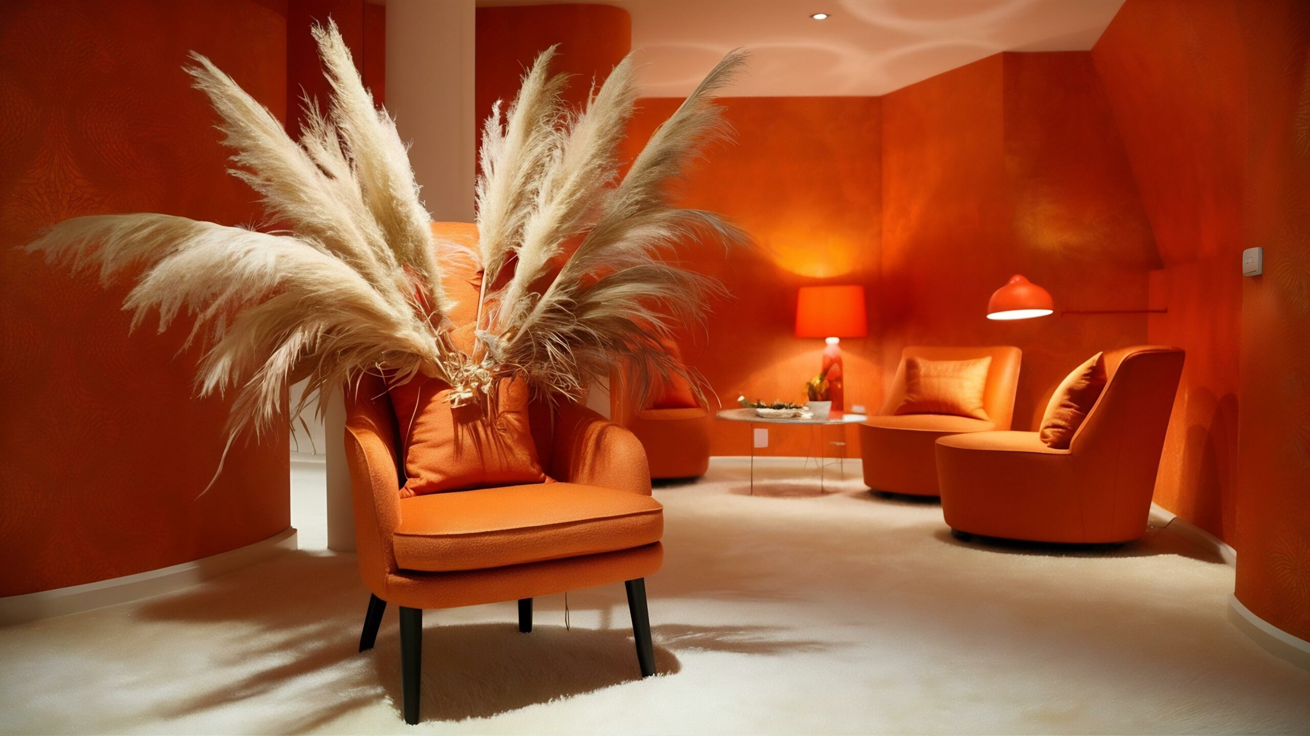 Jak wybrać idealną sofę do małego salonu? Praktyczny przewodnik 1 orange room with chair table pampas orange wall background scaled